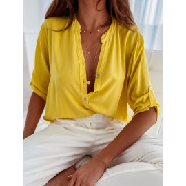 Popular Short Sleeve Stand Collar Loose Button Shirt Top for Women