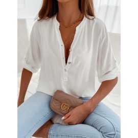 Popular Short Sleeve Stand Collar Loose Button Shirt Top for Women