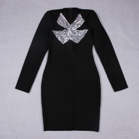 Black Long Sleeve Criss Cross Hollow Out Cutout out Sequin Women Dress Sexy Bandage Women Clothing