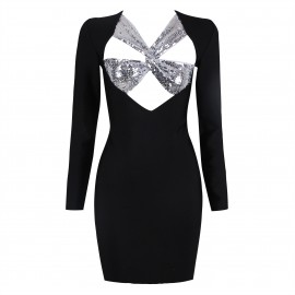 Black Long Sleeve Criss Cross Hollow Out Cutout out Sequin Women Dress Sexy Bandage Women Clothing