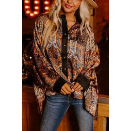 Autumn Winter Retro Printed Loose Street Tops Shirt for Women