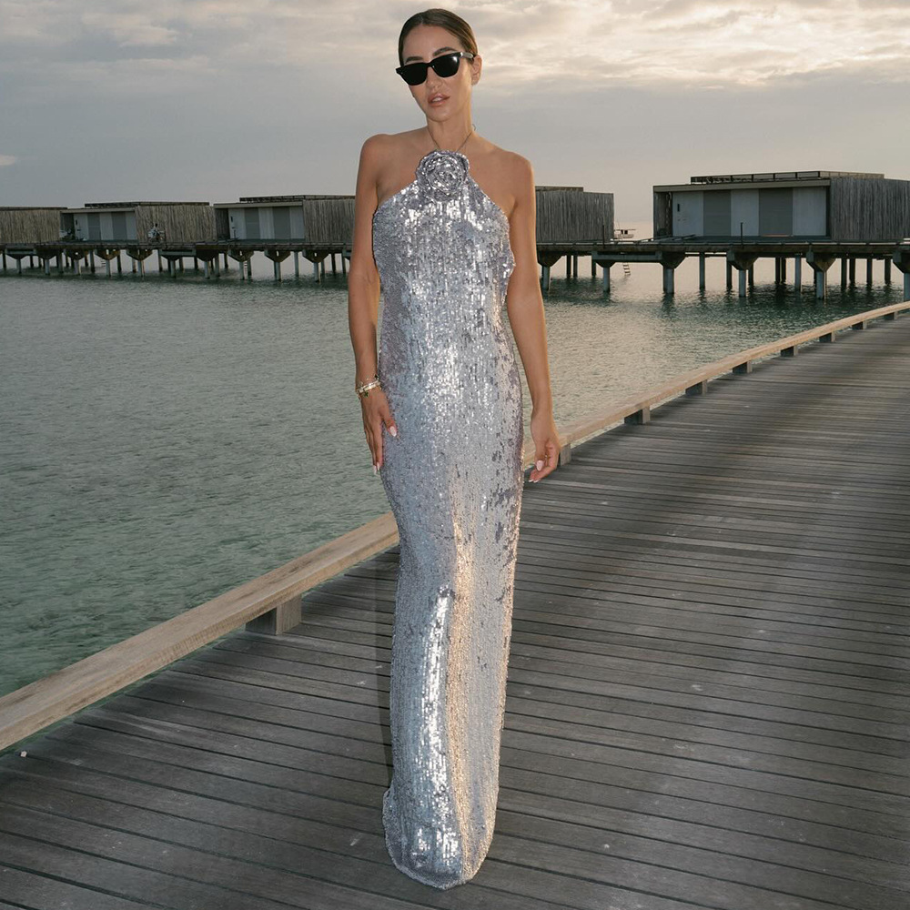 Silver Paillette Dress High Grade Light Luxury Evening Dress Bride Toast Dress Sexy Backless Dress Women