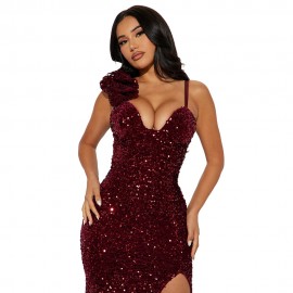 Women Wear Solid Color Sexy Suspenders Sequined Maxi Dress Slit Evening Dress