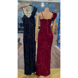 Women Wear Solid Color Sexy Suspenders Sequined Maxi Dress Slit Evening Dress