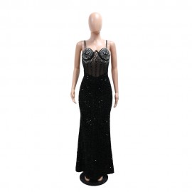 Velvet Sequined Party Dress Dress Rhinestone Strap Dress Sheath Dress Women