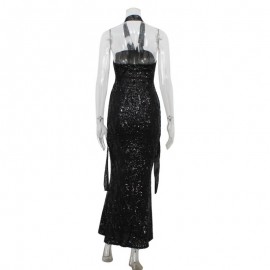 Women Sexy Tube Top Halter Cut out High Waist Sheath Dress Sequ Graceful Formal Dress