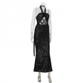 Women Sexy Tube Top Halter Cut out High Waist Sheath Dress Sequ Graceful Formal Dress