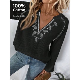 Women Spring V neck Embroidery Cotton Blouses