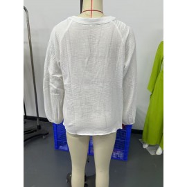 Women Spring V neck Embroidery Cotton Blouses