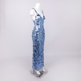 Sequined Blue Sequin V neck Dress with Shoulder Straps Sexy Dress Women Clothing