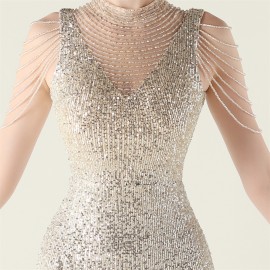 High Neck Fishtail Evening Dress Pearl Embroidery Sequined Crystal Diamond Decorations Red Carpet Wedding Cocktail Dress