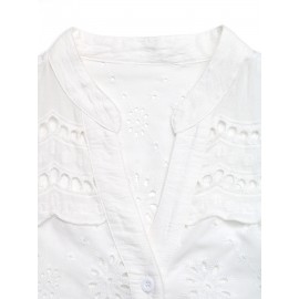 French Vintage Single Row Multi Buckle Hollow Out Cutout out Solid Color V neck Shirt
