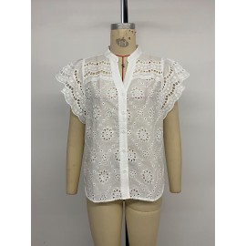 French Vintage Single Row Multi Buckle Hollow Out Cutout out Solid Color V neck Shirt