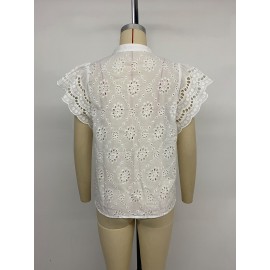 French Vintage Single Row Multi Buckle Hollow Out Cutout out Solid Color V neck Shirt