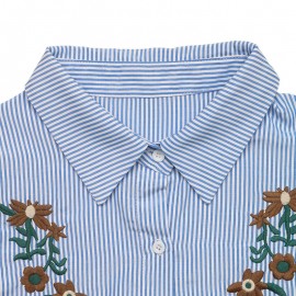Retro Vacation Striped Embroidered Flounced Sleeve Collared Shirt for Women
