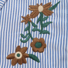 Retro Vacation Striped Embroidered Flounced Sleeve Collared Shirt for Women