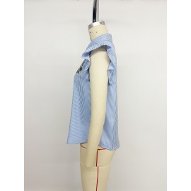 Retro Vacation Striped Embroidered Flounced Sleeve Collared Shirt for Women