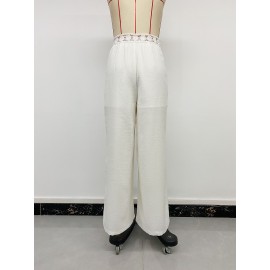 White Trousers for Women Patchwork Lace Cutout Loose Wide Leg Casual Pants