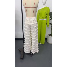 Street All Match Solid Color Lace Jacquard Hollow Out Cutout out Stitching Lace up Straight Trousers