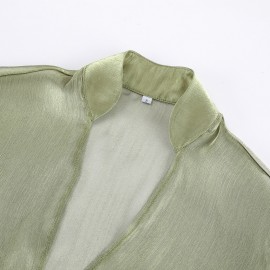 Long Sleeve Mesh High Grade Green Sheer Long Sleeve Waist Controlled Lace up Cardigan Shirt Women Sexy Shirt Top