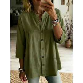 Spring Summer Cotton Linen Shirt Women Casual Retro Artistic Solid Color Three Quarter Length Sleeve Top Women