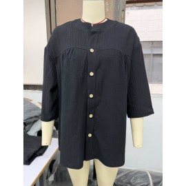 Spring Summer Cotton Linen Shirt Women Casual Retro Artistic Solid Color Three Quarter Length Sleeve Top Women