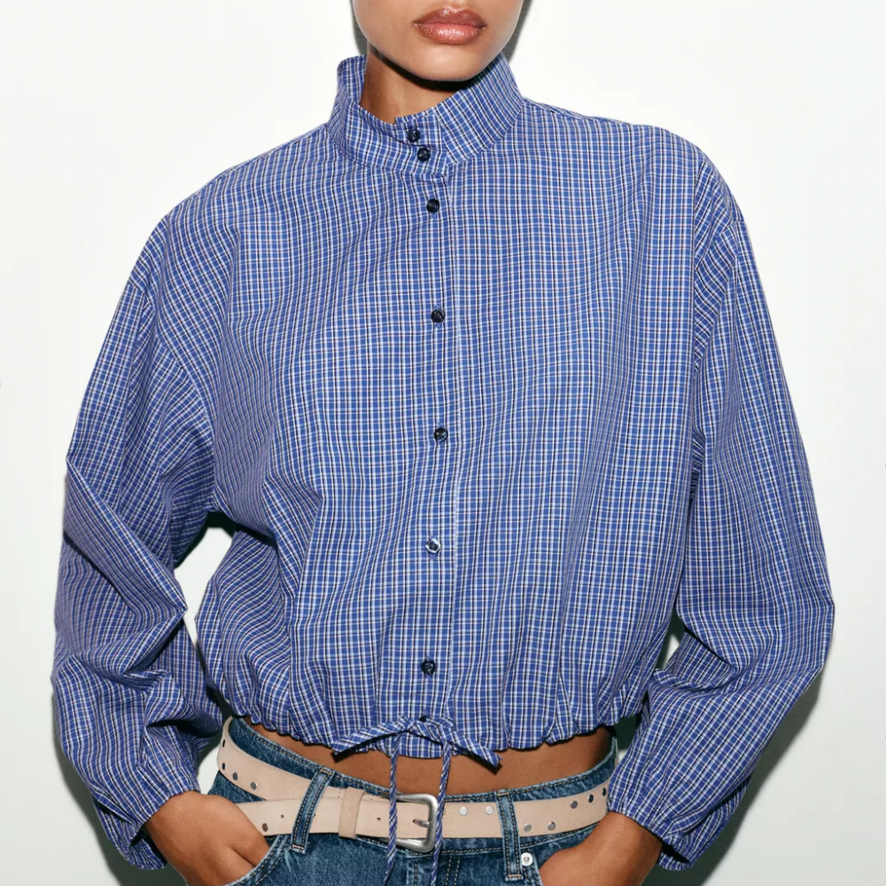 Women Clothing Elegant Bubble Long Sleeve Turtleneck Single Breasted Drawstring Plaid Shirt