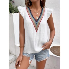Lace Contrast Color V neck Patchwork Vest Pullover Loose Casual Women Shirt