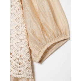 Women Clothing Summer Hollow Out Cutout Crochet Stitching Design Chic Short Sleeve Top