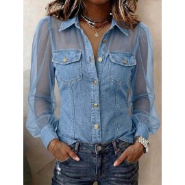 Women Spring Summer Autumn V neck Lace Long Sleeve Top