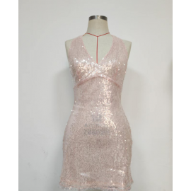 Women Wear Sexy Slim Fit Hip Dress Halter Deep V Plunge neck Backless Dress Sequined Dress
