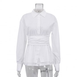 Casual Lace up Shirt Women Simple Collared Long Sleeve Cardigan Shirt French Top