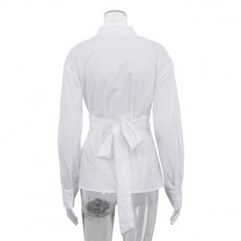 Casual Lace up Shirt Women Simple Collared Long Sleeve Cardigan Shirt French Top