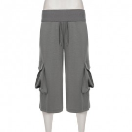 Street Work Clothes Pocket Waist Drawstring Straight Cropped Pants Casual Laid Back Loose Wide Leg Pants
