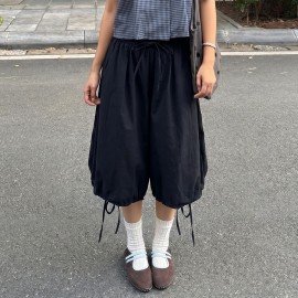 College Simple Loose Bud Shaped Pants Elastic Waist Drawstring All Match Middle Pants Retro Street Casual Pants Women