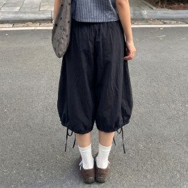 College Simple Loose Bud Shaped Pants Elastic Waist Drawstring All Match Middle Pants Retro Street Casual Pants Women