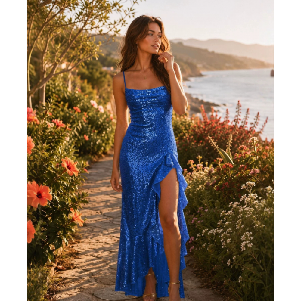 Women Clothing Sexy Slit Ruffled Spaghetti Straps Maxi Dress Sequined Slim Dress Elegant Evening Dress
