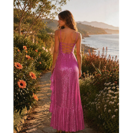 Women Clothing Sexy Slit Ruffled Spaghetti Straps Maxi Dress Sequined Slim Dress Elegant Evening Dress