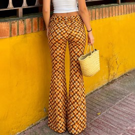 Tropical Vacation Retro Floral Printed Lace up Contrast Color Bootcut Trousers Personality Street Sexy Trousers Women