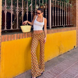 Tropical Vacation Retro Floral Printed Lace up Contrast Color Bootcut Trousers Personality Street Sexy Trousers Women