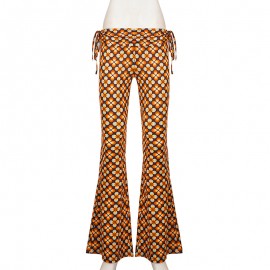 Tropical Vacation Retro Floral Printed Lace up Contrast Color Bootcut Trousers Personality Street Sexy Trousers Women