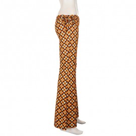 Tropical Vacation Retro Floral Printed Lace up Contrast Color Bootcut Trousers Personality Street Sexy Trousers Women