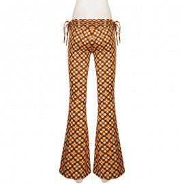 Tropical Vacation Retro Floral Printed Lace up Contrast Color Bootcut Trousers Personality Street Sexy Trousers Women