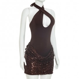 Women Clothing Autumn Solid Color Sleeveless Cross Halterneck Lace Up Hem Sequin Short Dress