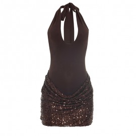 Women Clothing Autumn Solid Color Sleeveless Cross Halterneck Lace Up Hem Sequin Short Dress