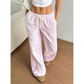 Summer Women All Matching Striped Loose Casual Elastic Waist Draping Effect Straight Mopping Pants