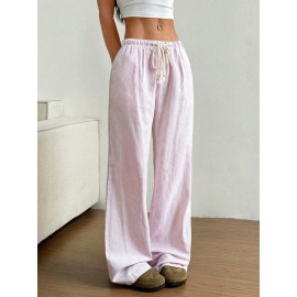 Summer Women All Matching Striped Loose Casual Elastic Waist Draping Effect Straight Mopping Pants