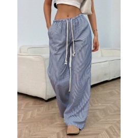 Summer Women All Matching Striped Loose Casual Elastic Waist Draping Effect Straight Mopping Pants