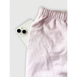 Summer Women All Matching Striped Loose Casual Elastic Waist Draping Effect Straight Mopping Pants