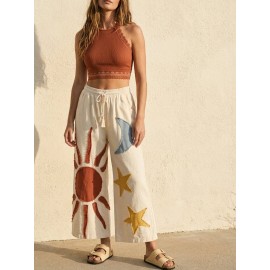 Ladies Ethnic Embroidered Sun Moon Star Wide Leg Pants Women Loose Casual Pants